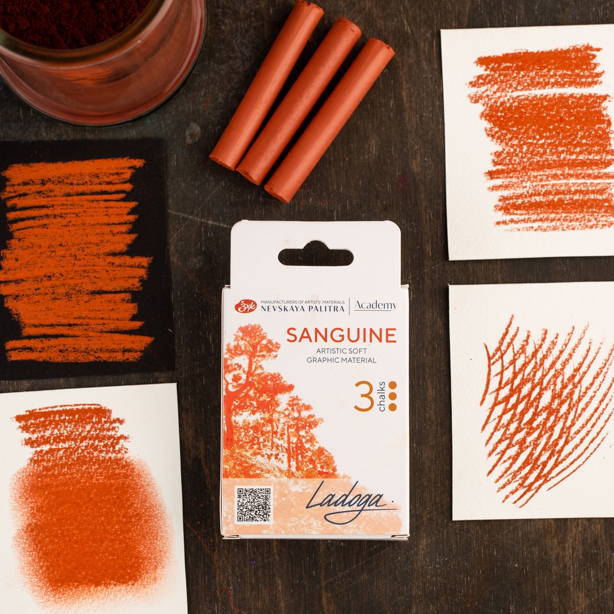 Artists' graphic materials set Ladoga,  sanguine 3 chalks, carton box