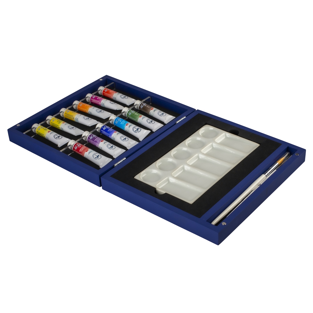 Watercolour set "White Nights", porcelain palett, brushes, blue wooden box