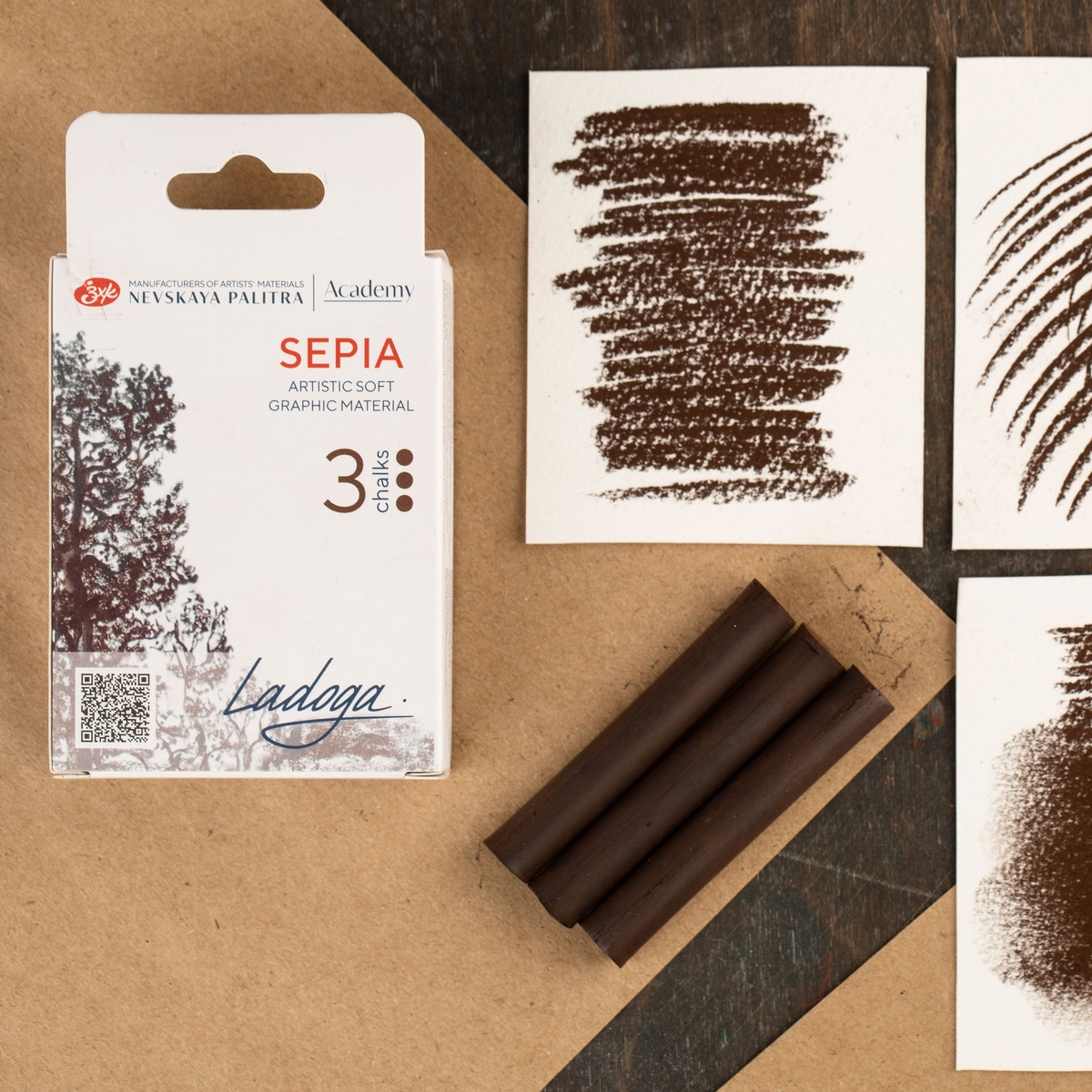 Artists' graphic materials set Ladoga, sepia 3 chalk, carton box