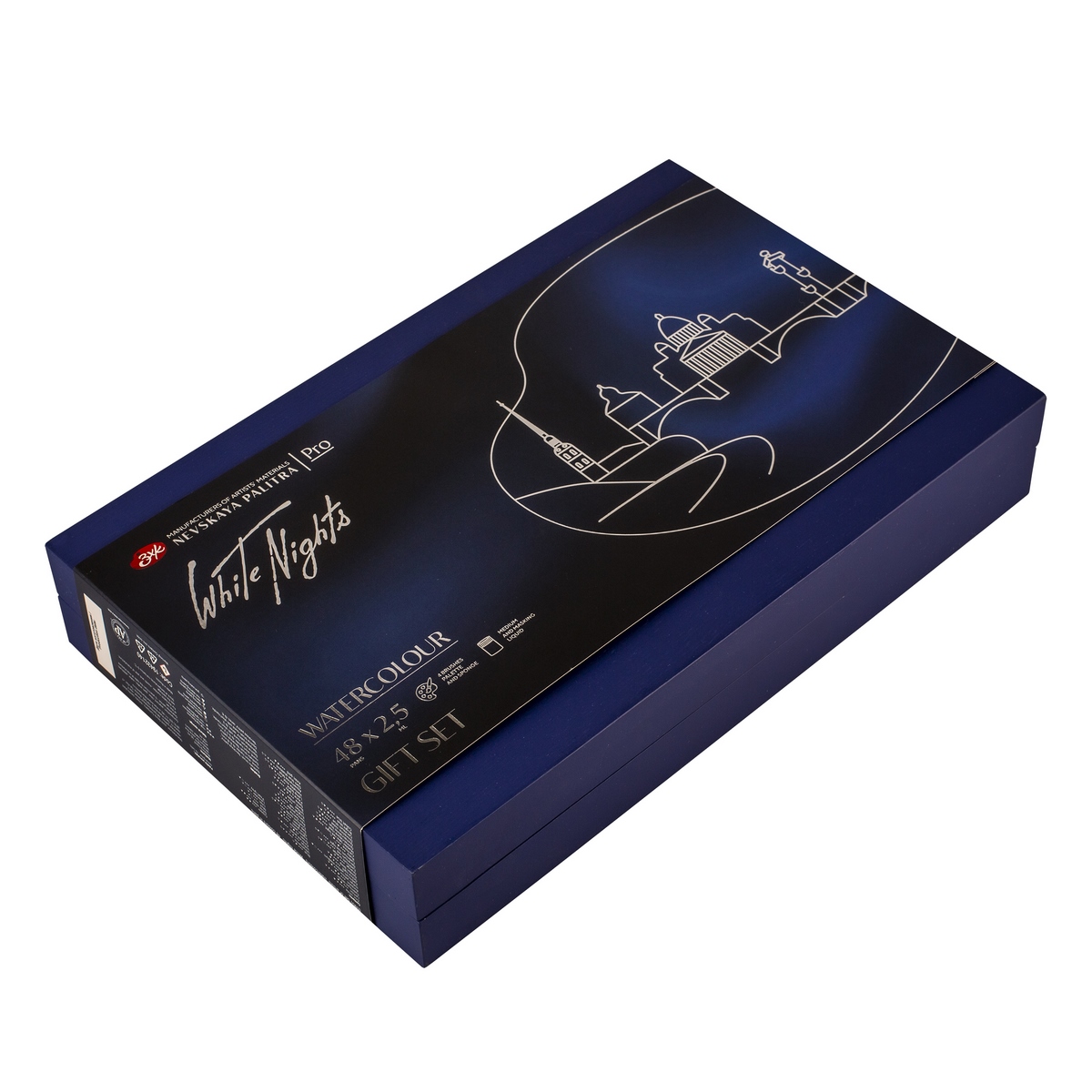 Watercolour set "White Nights" 48 pans, auxiliary materials, accessories, blue wooden box